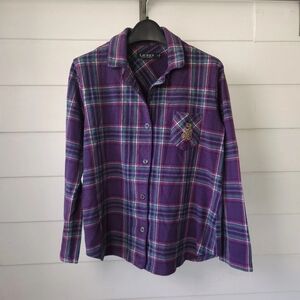 Lauren Ralph Lauren Purple Plaid Fleece Pajama Shirt Women's M Monogram Crown